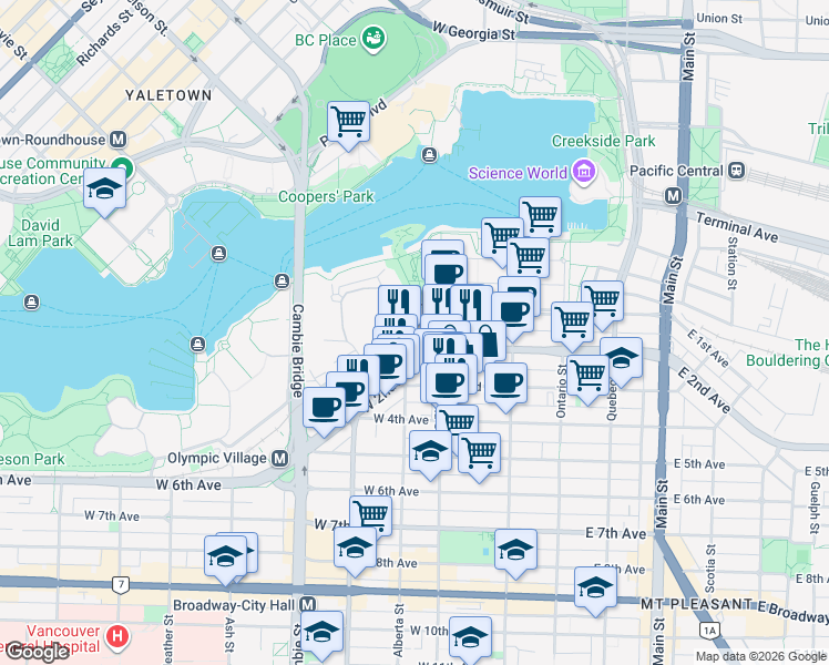 map of restaurants, bars, coffee shops, grocery stores, and more near 1738 Cook Street in Vancouver