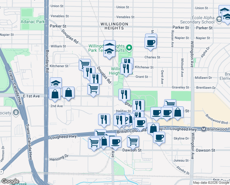 map of restaurants, bars, coffee shops, grocery stores, and more near in Burnaby