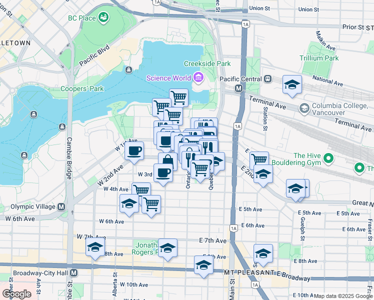 map of restaurants, bars, coffee shops, grocery stores, and more near 34 West 2nd Avenue in Vancouver