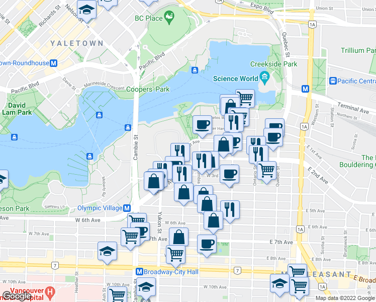 map of restaurants, bars, coffee shops, grocery stores, and more near in Vancouver