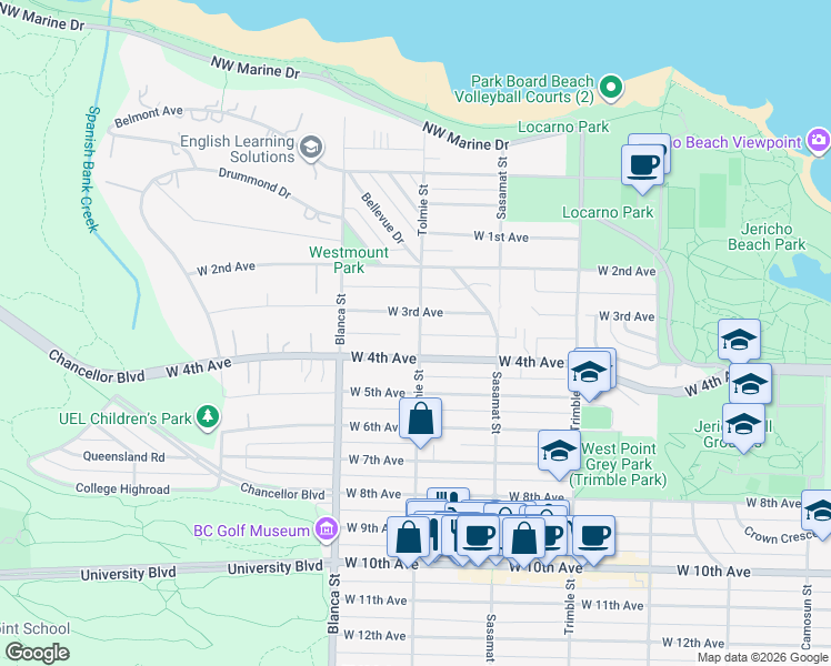 map of restaurants, bars, coffee shops, grocery stores, and more near in Vancouver