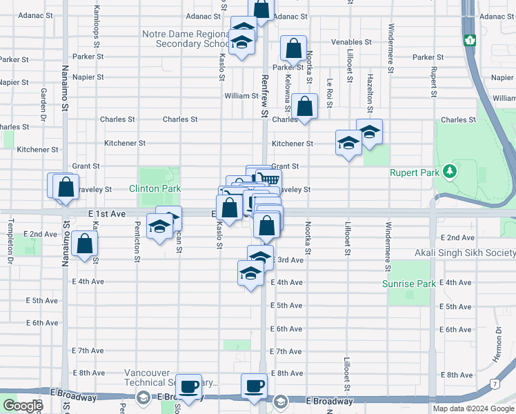 map of restaurants, bars, coffee shops, grocery stores, and more near 2889 East 1st Avenue in Vancouver
