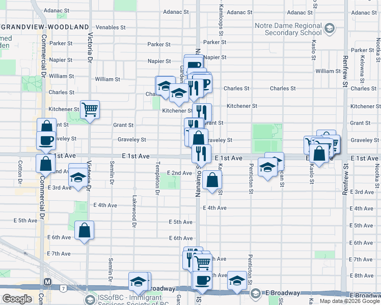 map of restaurants, bars, coffee shops, grocery stores, and more near 2333 East 1st Avenue in Vancouver