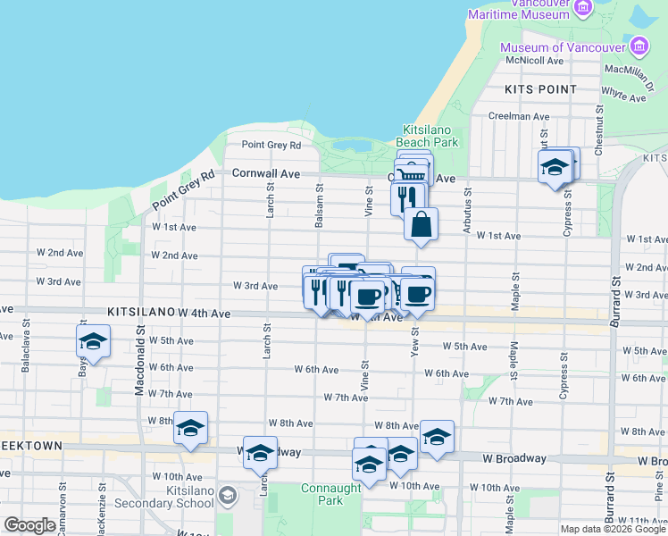map of restaurants, bars, coffee shops, grocery stores, and more near 2370 West 2nd Avenue in Vancouver