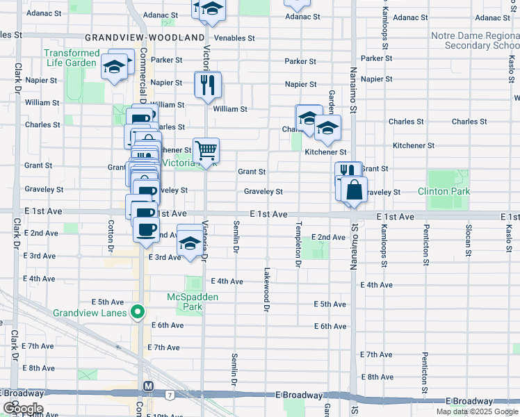 map of restaurants, bars, coffee shops, grocery stores, and more near 2071 East 1st Avenue in Vancouver