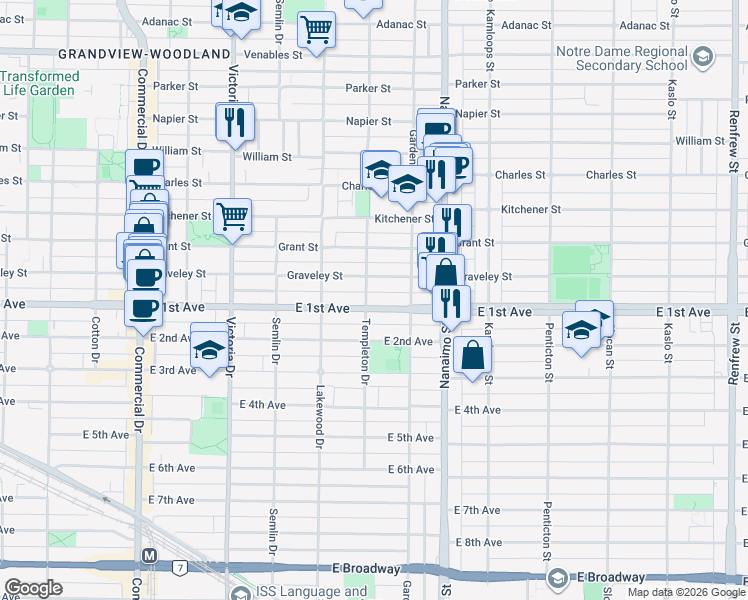 map of restaurants, bars, coffee shops, grocery stores, and more near 2211 East 1st Avenue in Vancouver