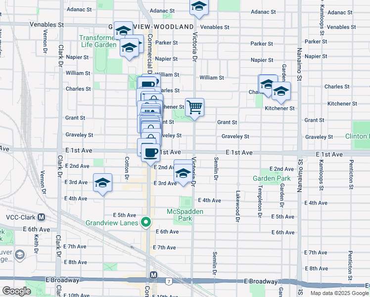 map of restaurants, bars, coffee shops, grocery stores, and more near 1855 East 1st Avenue in Vancouver