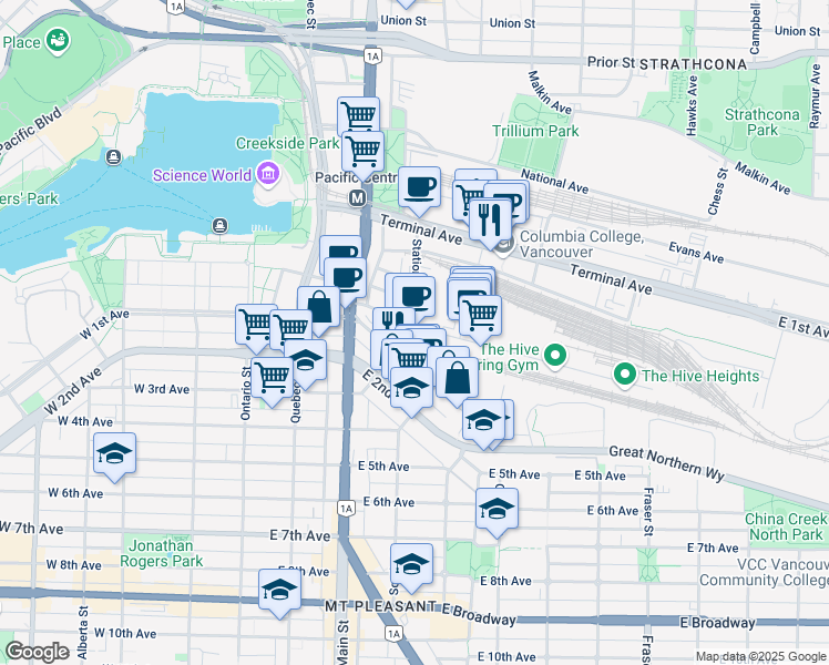 map of restaurants, bars, coffee shops, grocery stores, and more near 308 Industrial Avenue in Vancouver