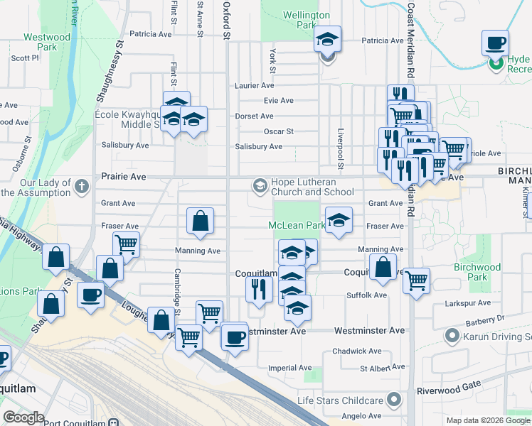 map of restaurants, bars, coffee shops, grocery stores, and more near 1789 Grant Avenue in Port Coquitlam
