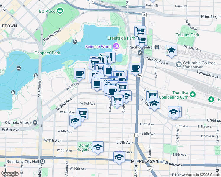 map of restaurants, bars, coffee shops, grocery stores, and more near 1752 Ontario Street in Vancouver