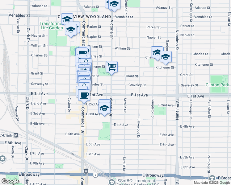 map of restaurants, bars, coffee shops, grocery stores, and more near 1923 East 1st Avenue in Vancouver