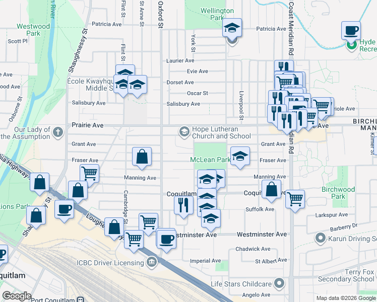 map of restaurants, bars, coffee shops, grocery stores, and more near 3141 York Street in Port Coquitlam