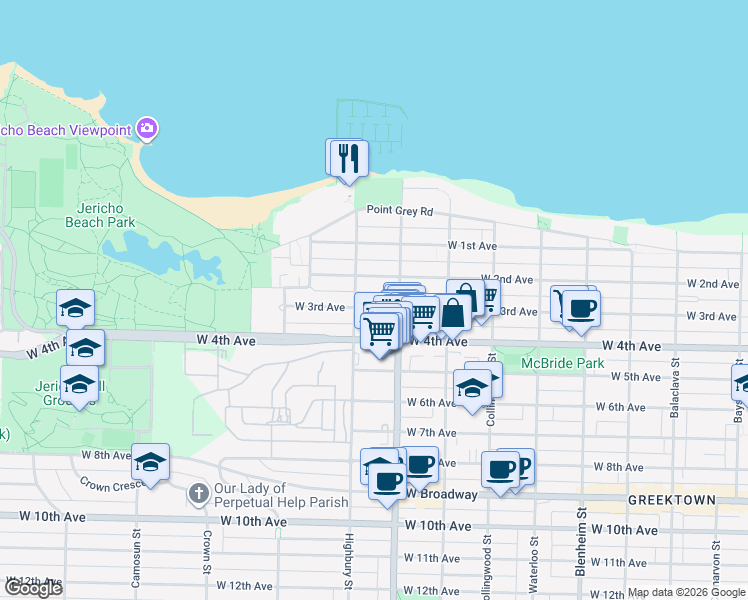map of restaurants, bars, coffee shops, grocery stores, and more near 3765 West 3rd Avenue in Vancouver