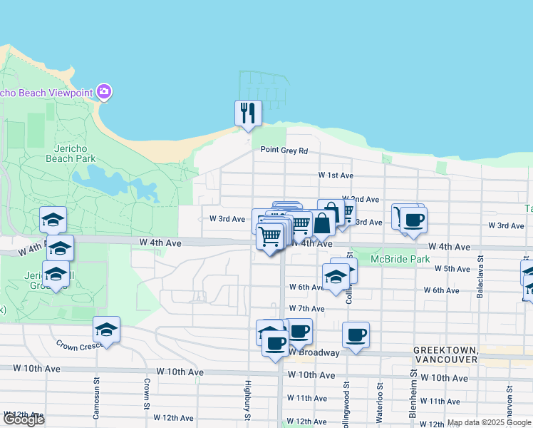 map of restaurants, bars, coffee shops, grocery stores, and more near 3765 West 3rd Avenue in Vancouver
