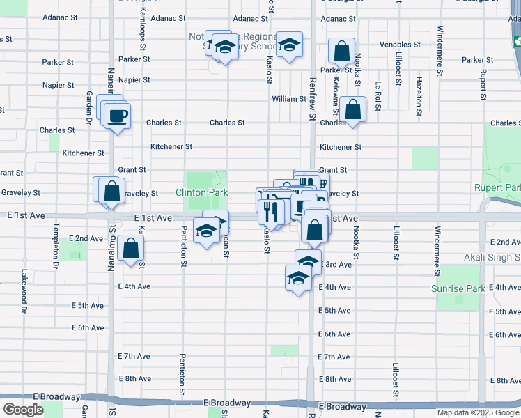 map of restaurants, bars, coffee shops, grocery stores, and more near 2791 East 1st Avenue in Vancouver