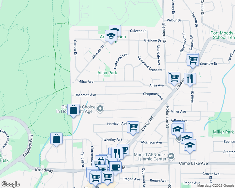 map of restaurants, bars, coffee shops, grocery stores, and more near Chapman Avenue in Coquitlam