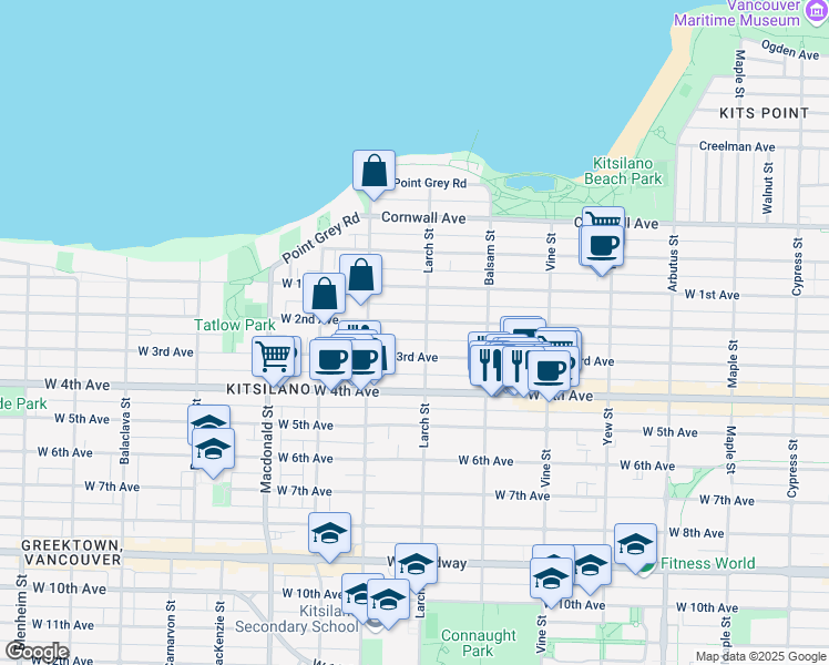 map of restaurants, bars, coffee shops, grocery stores, and more near 1740 Larch Street in Vancouver