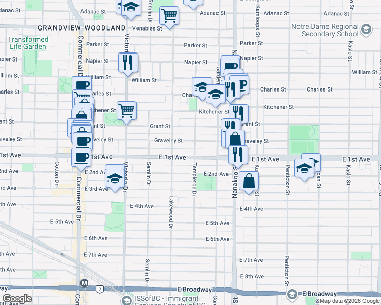 map of restaurants, bars, coffee shops, grocery stores, and more near 2187 East 1st Avenue in Vancouver
