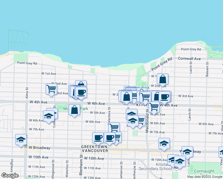 map of restaurants, bars, coffee shops, grocery stores, and more near 1822 Balaclava Street in Vancouver