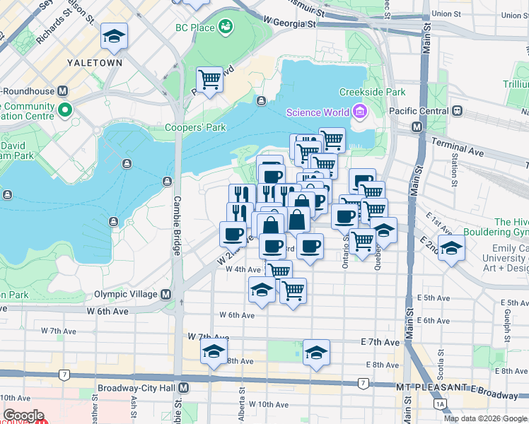 map of restaurants, bars, coffee shops, grocery stores, and more near 208 West 1st Avenue in Vancouver