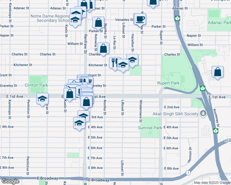 map of restaurants, bars, coffee shops, grocery stores, and more near 3059 East 1st Avenue in Vancouver