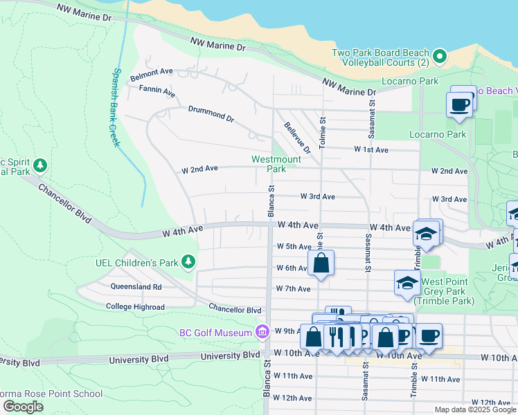 map of restaurants, bars, coffee shops, grocery stores, and more near 4715 West 4th Avenue in Vancouver