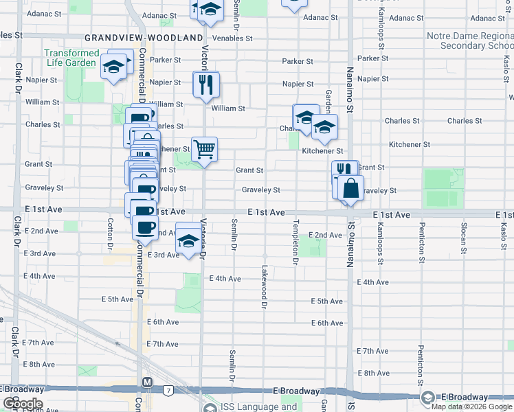 map of restaurants, bars, coffee shops, grocery stores, and more near in Vancouver