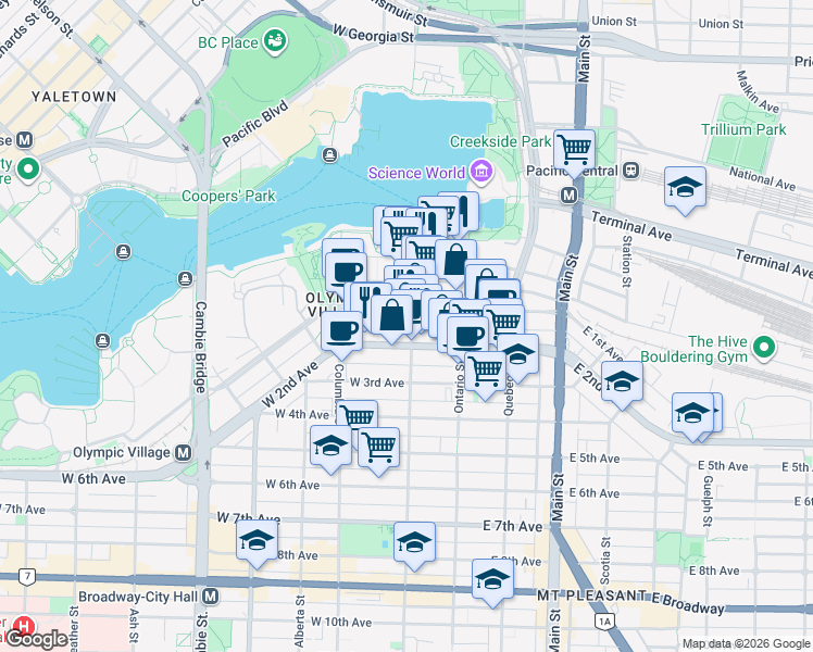 map of restaurants, bars, coffee shops, grocery stores, and more near in Vancouver