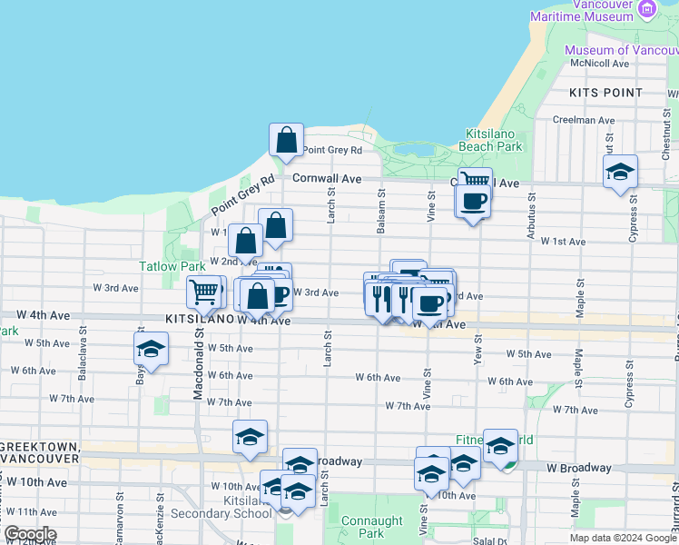 map of restaurants, bars, coffee shops, grocery stores, and more near in Vancouver