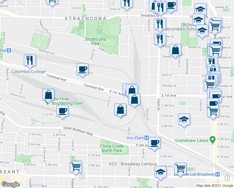 map of restaurants, bars, coffee shops, grocery stores, and more near 610 East 1st Avenue in Vancouver