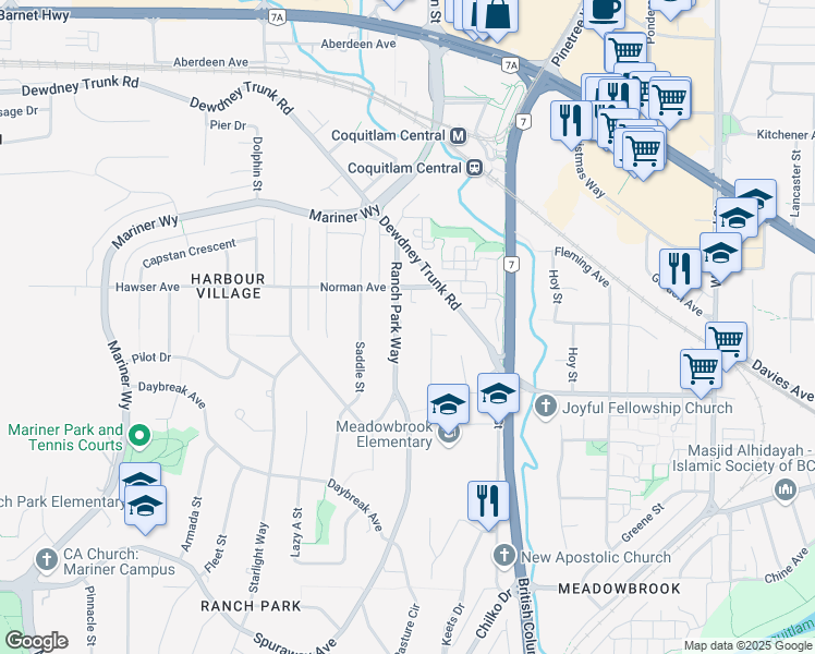 map of restaurants, bars, coffee shops, grocery stores, and more near 997 Ranch Park Way in Coquitlam