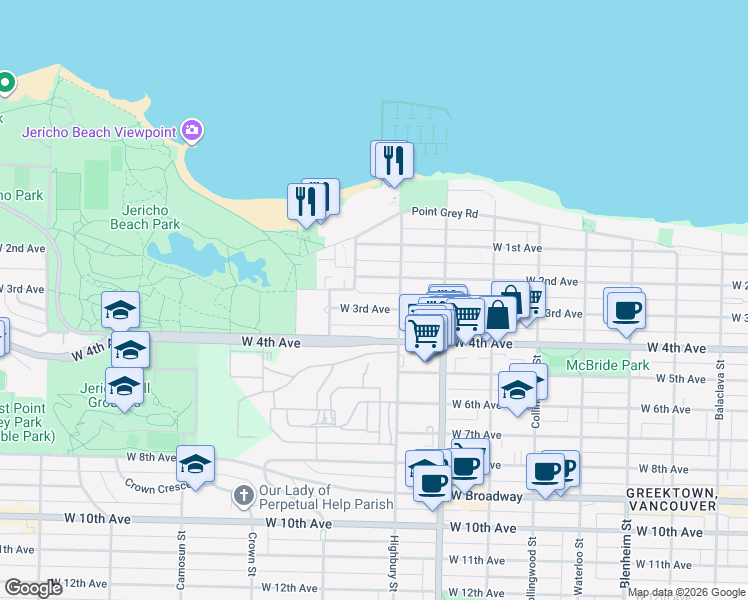 map of restaurants, bars, coffee shops, grocery stores, and more near 3837 West 3rd Avenue in Vancouver