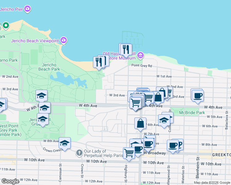 map of restaurants, bars, coffee shops, grocery stores, and more near 3857 West 3rd Avenue in Vancouver