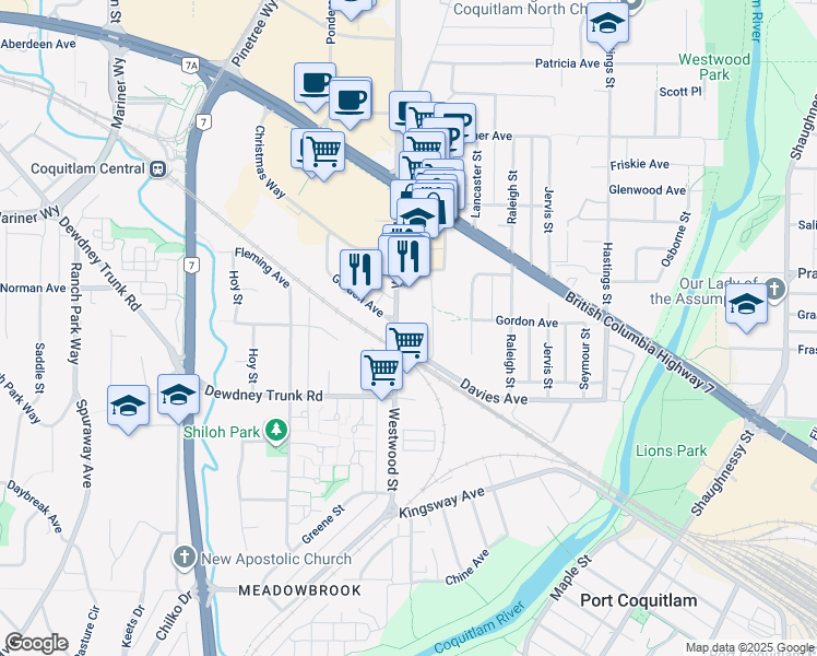 map of restaurants, bars, coffee shops, grocery stores, and more near 3242 Westwood Street in Port Coquitlam