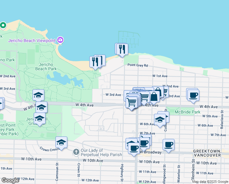 map of restaurants, bars, coffee shops, grocery stores, and more near 3843 West 3rd Avenue in Vancouver