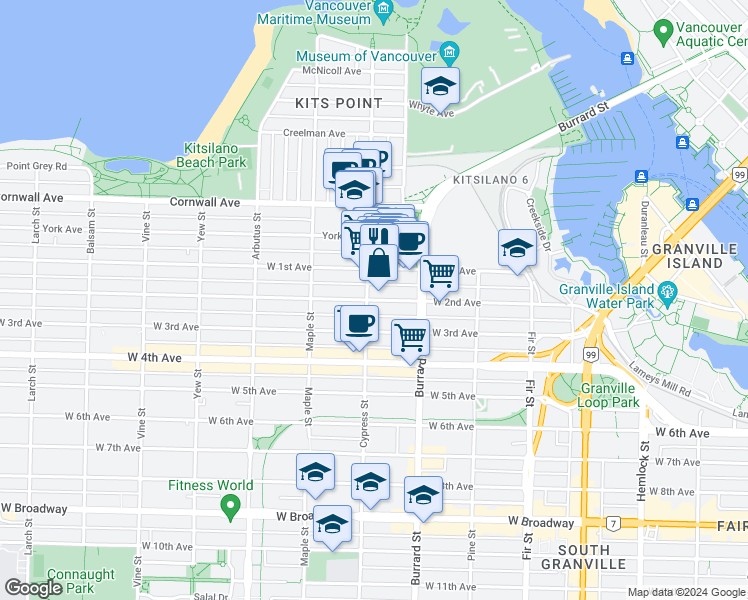 map of restaurants, bars, coffee shops, grocery stores, and more near 1887 West 2nd Avenue in Vancouver