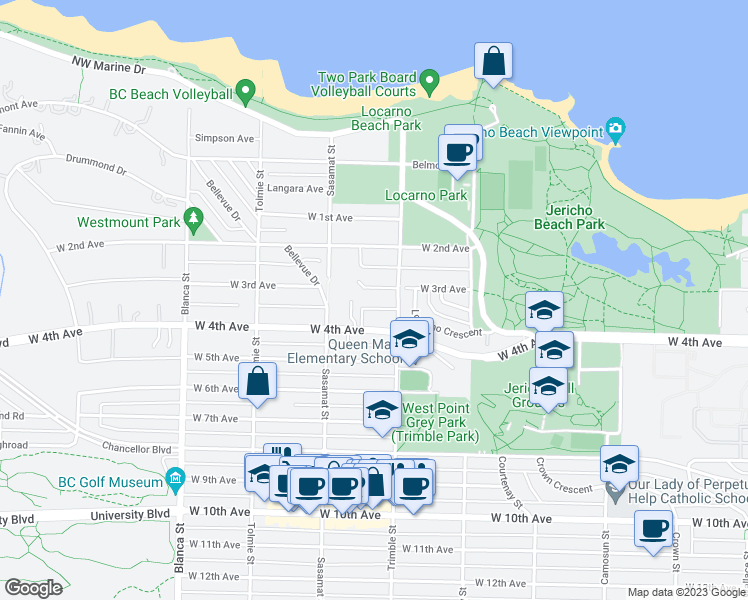 map of restaurants, bars, coffee shops, grocery stores, and more near 4426 West 3rd Avenue in Vancouver