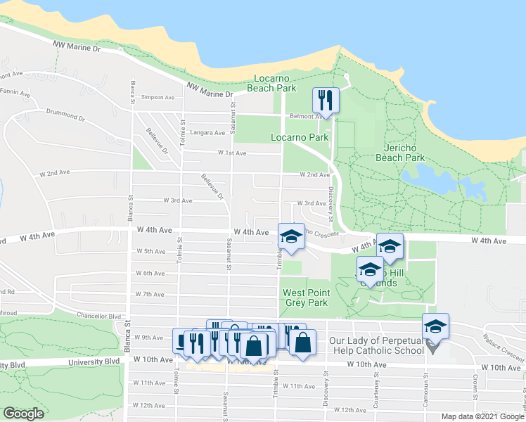 map of restaurants, bars, coffee shops, grocery stores, and more near 4426 West 3rd Avenue in Vancouver