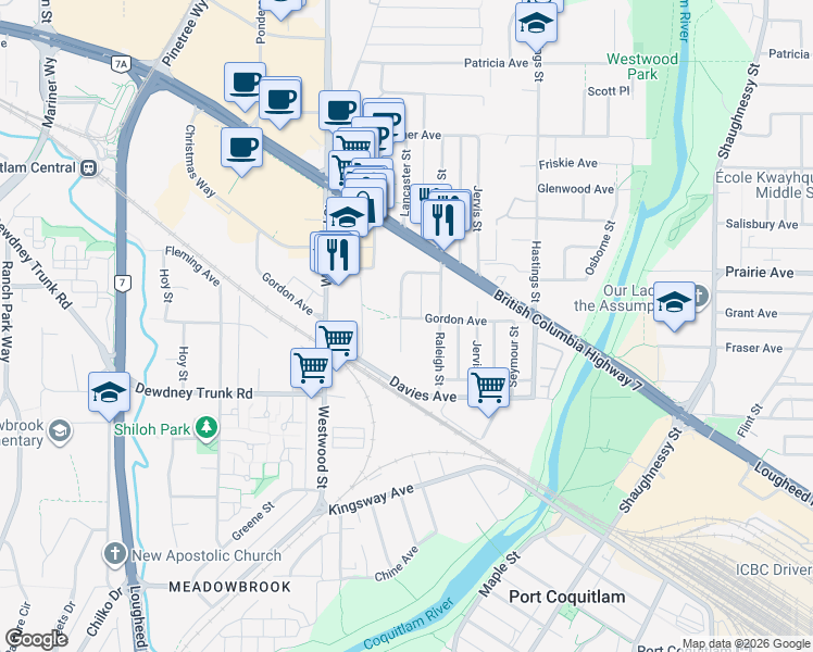 map of restaurants, bars, coffee shops, grocery stores, and more near 2632 Gordon Avenue in Port Coquitlam