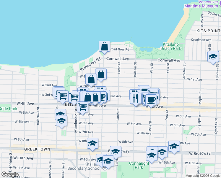 map of restaurants, bars, coffee shops, grocery stores, and more near 2546 West 2nd Avenue in Vancouver