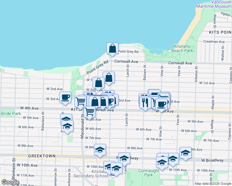 map of restaurants, bars, coffee shops, grocery stores, and more near 2568 West 2nd Avenue in Vancouver
