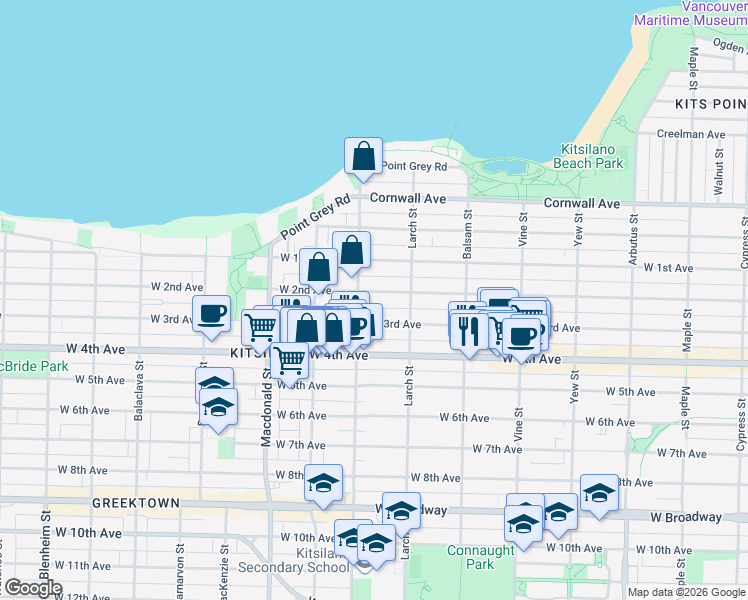 map of restaurants, bars, coffee shops, grocery stores, and more near 2570 West 2nd Avenue in Vancouver