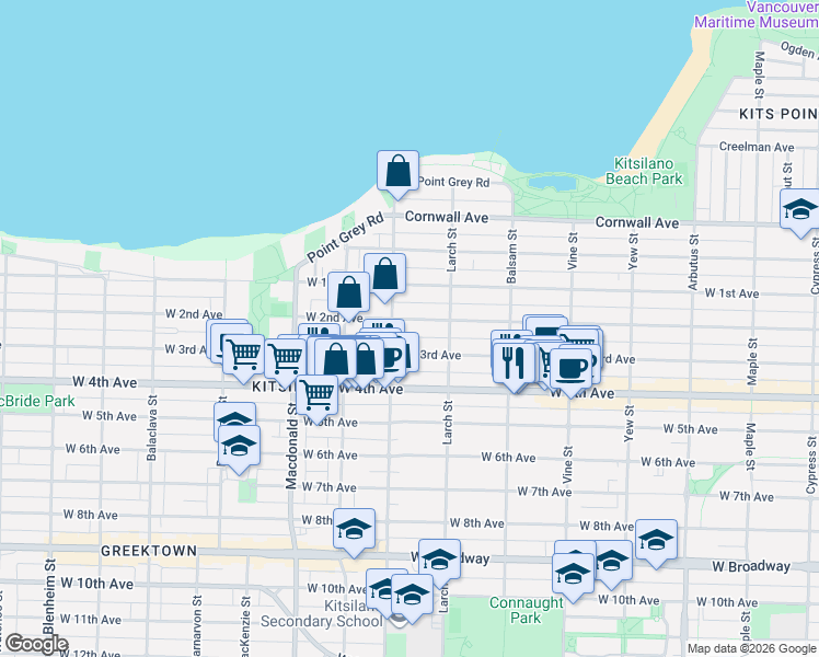 map of restaurants, bars, coffee shops, grocery stores, and more near 2570 West 2nd Avenue in Vancouver