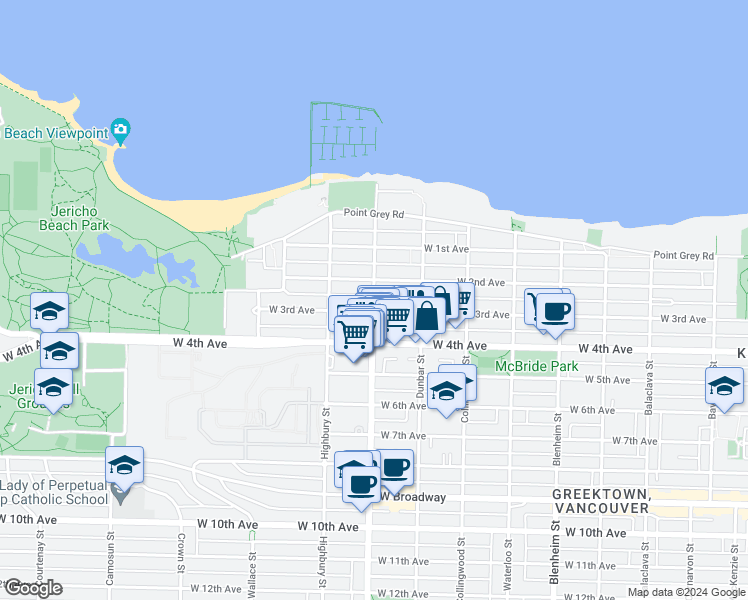 map of restaurants, bars, coffee shops, grocery stores, and more near 1839 Alma Street in Vancouver