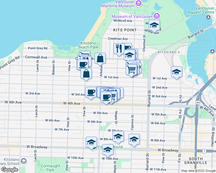 map of restaurants, bars, coffee shops, grocery stores, and more near 2375 West Broadway in Vancouver