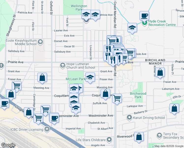 map of restaurants, bars, coffee shops, grocery stores, and more near 1650 Grant Avenue in Port Coquitlam