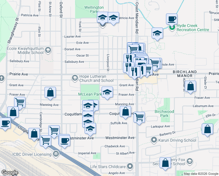 map of restaurants, bars, coffee shops, grocery stores, and more near 1650 Grant Avenue in Port Coquitlam