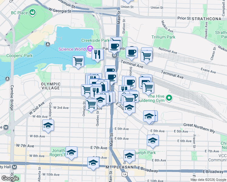 map of restaurants, bars, coffee shops, grocery stores, and more near 1712 Main Street in Vancouver