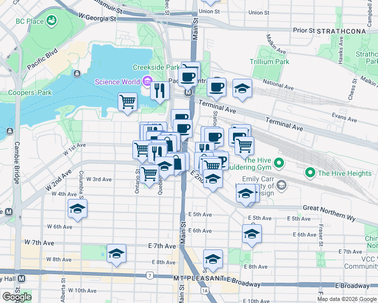 map of restaurants, bars, coffee shops, grocery stores, and more near in Vancouver