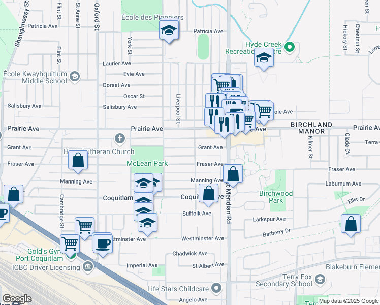 map of restaurants, bars, coffee shops, grocery stores, and more near 1618 Grant Avenue in Port Coquitlam